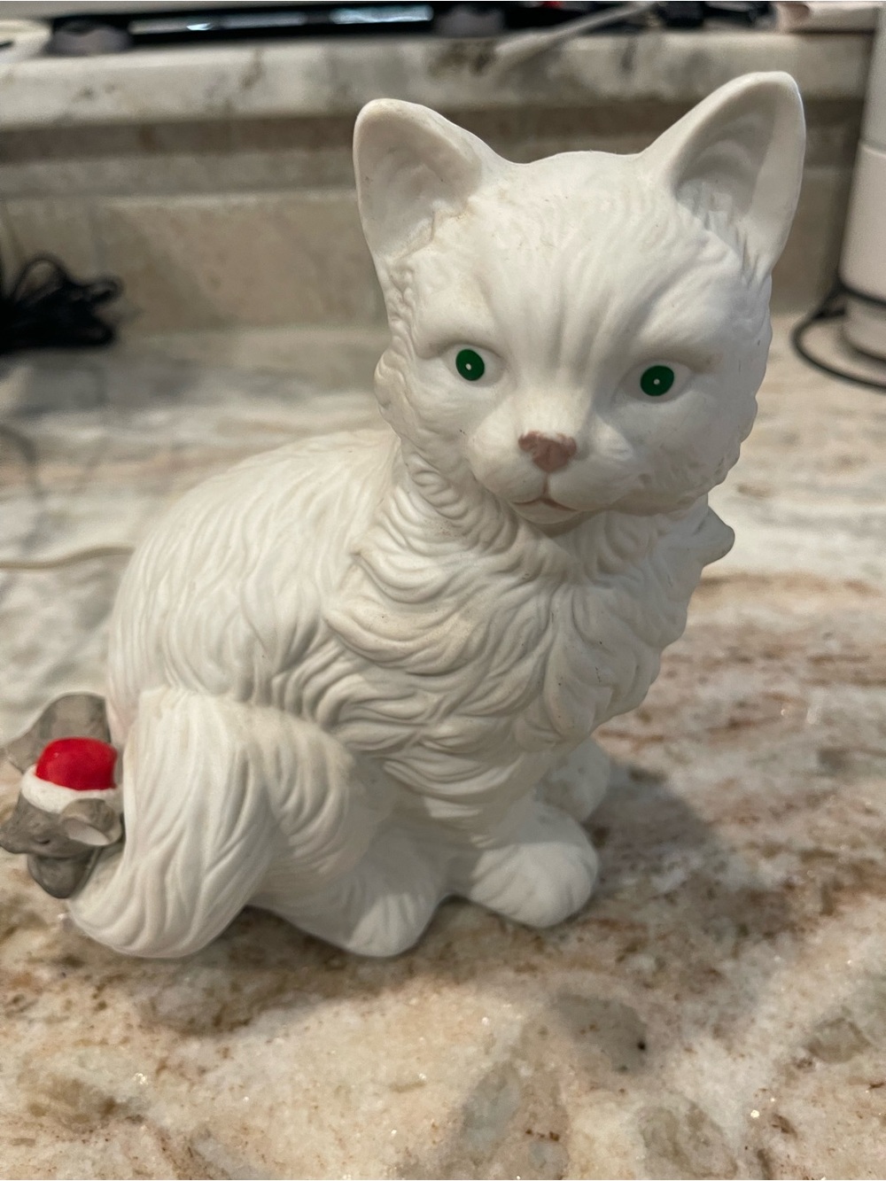 White Ceramic Cat Figurine with Green Eyes - Decorative Holiday Accent